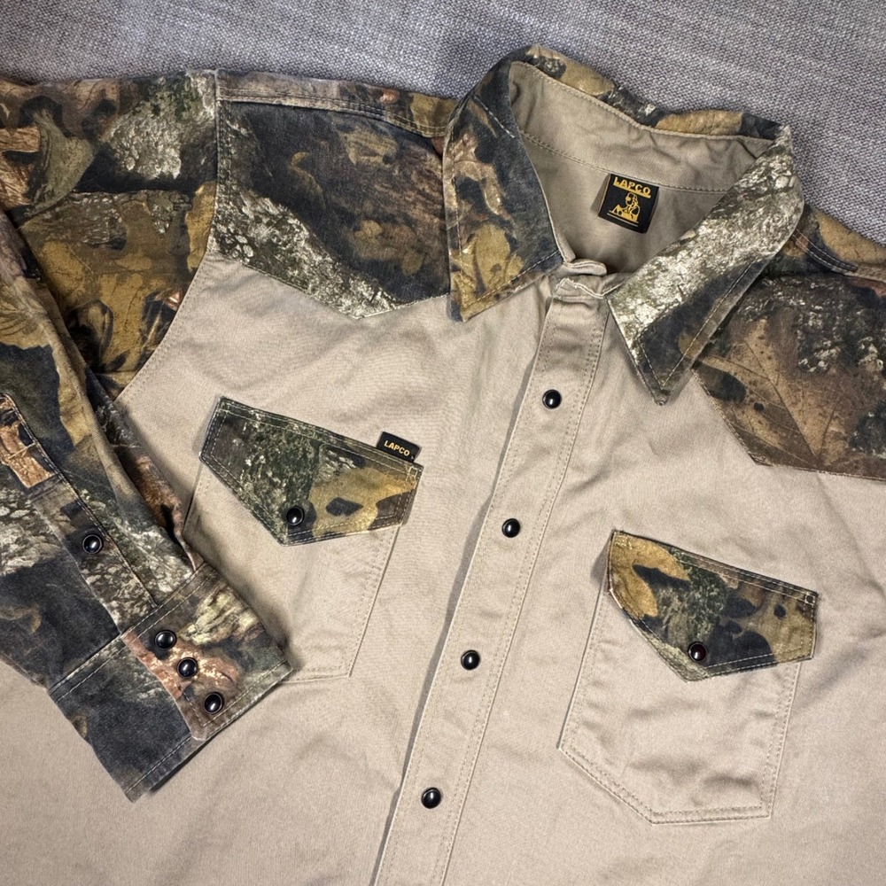 Lapco Heavy Duty Welding Shirt Non-FR Tan Camo Western Snap Front 100%‎ Cotton